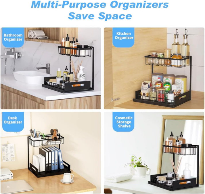 2 Tier Kitchen Bathroom Organizer with Sliding Basket, Spice Rack Organizer for Cabinet，Narrow Space Multi-Purpose Under Sink Organizers and Storage