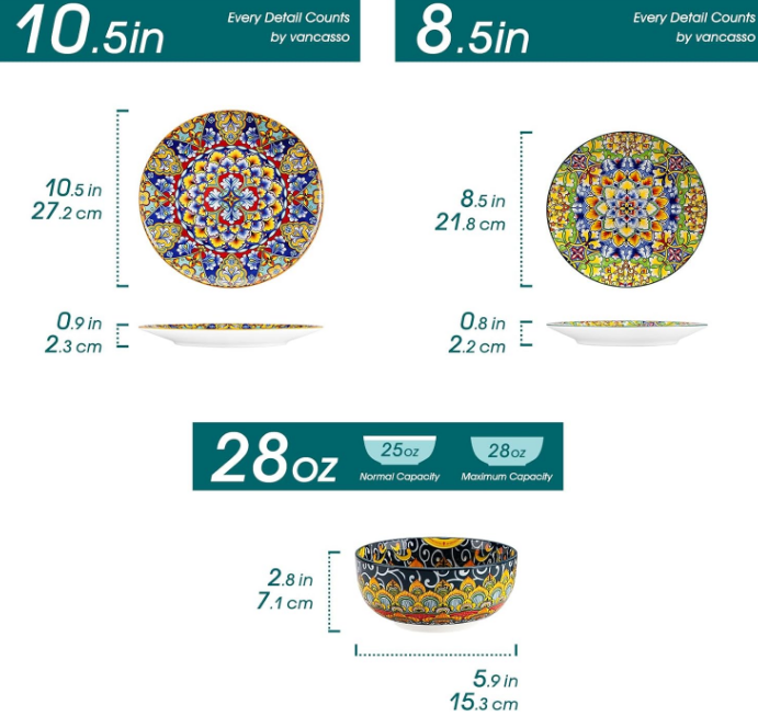 12 Pieces Dinnerware Sets, Plates and Bowls Set, Porcelain Dishes Set for 4, Microwave and Dishwasher Safe, Scratch Resistant, Bohemian Style Dining Ware Service for 4, Series SIMI