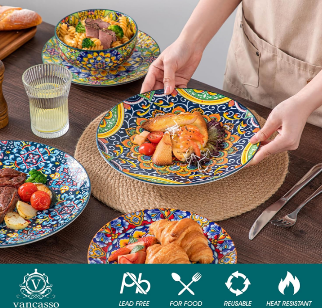 12 Pieces Dinnerware Sets, Plates and Bowls Set, Porcelain Dishes Set for 4, Microwave and Dishwasher Safe, Scratch Resistant, Bohemian Style Dining Ware Service for 4, Series SIMI