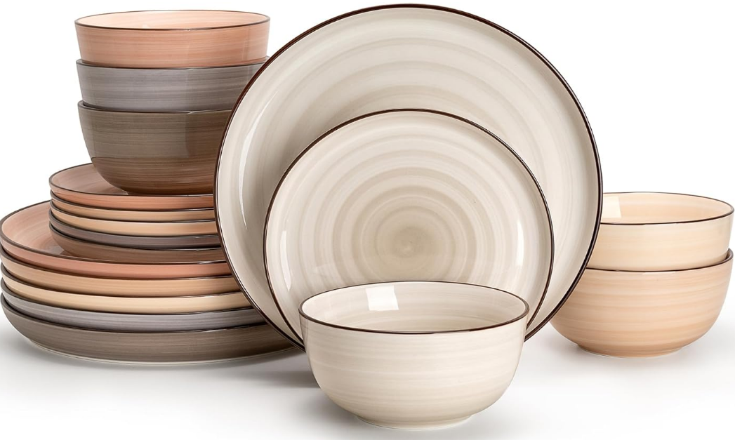 Plates and Bowls Sets, 18 Piece Dinnerware Set Porcelain Round Dinner Set for 6, Scratch Resistant Dishes Set, Dishwasher and Oven Microwave Safe Handpainted Swirl Dishware Sets, Neutral