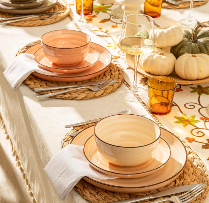 Plates and Bowls Sets, 18 Piece Dinnerware Set Porcelain Round Dinner Set for 6, Scratch Resistant Dishes Set, Dishwasher and Oven Microwave Safe Handpainted Swirl Dishware Sets, Neutral