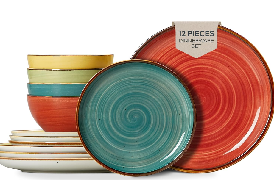  Plates and Bowls Set - Microwavable, Oven & Dishwasher Safe Porcelain Dinnerware Set - Scratch Resistant, Ceramic Dish Set for 4(12pcs) - Assorted Colors