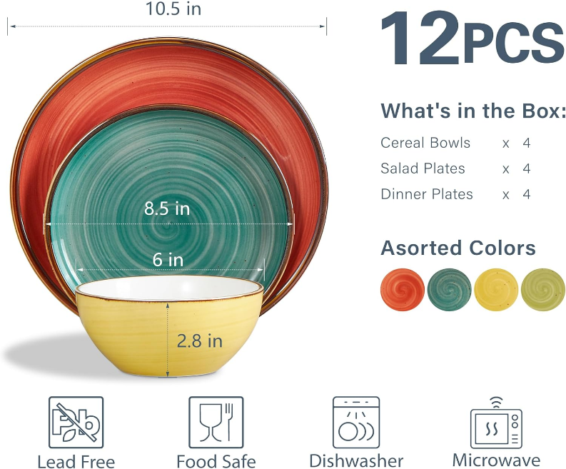  Plates and Bowls Set - Microwavable, Oven & Dishwasher Safe Porcelain Dinnerware Set - Scratch Resistant, Ceramic Dish Set for 4(12pcs) - Assorted Colors