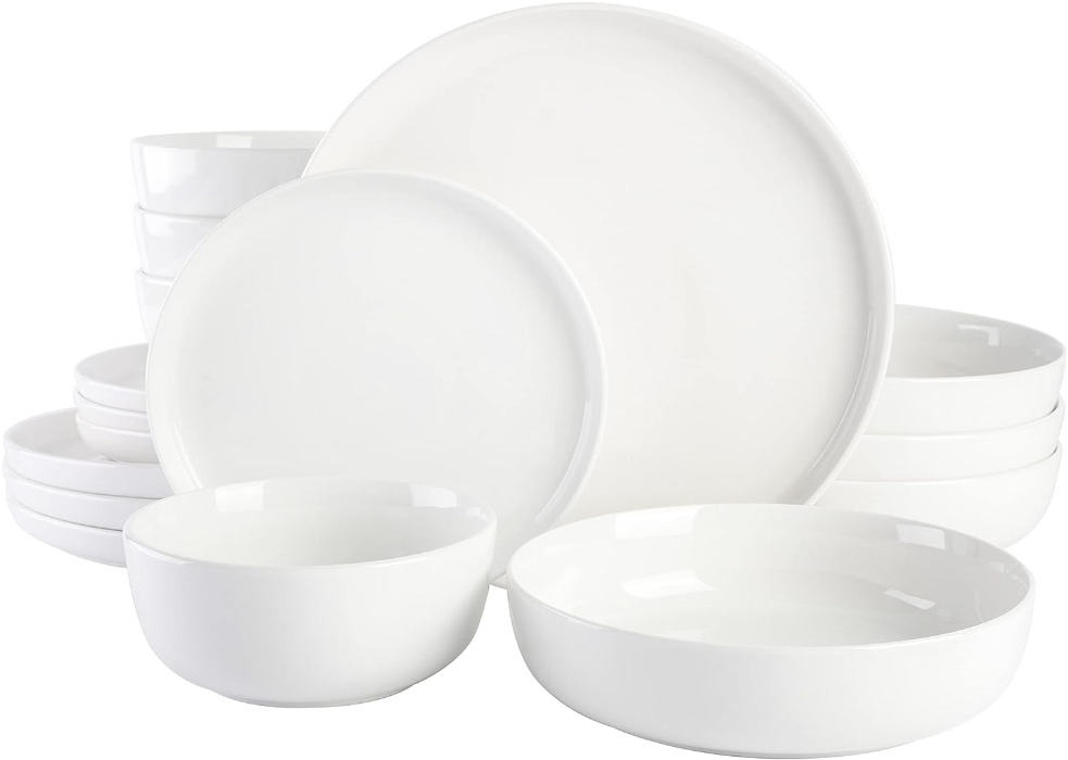 Oslo Porcelain Chip and Scratch Resistant Dinnerware Set, Service for 4 (16pcs), Plates and Bowls Dishes Sets, White