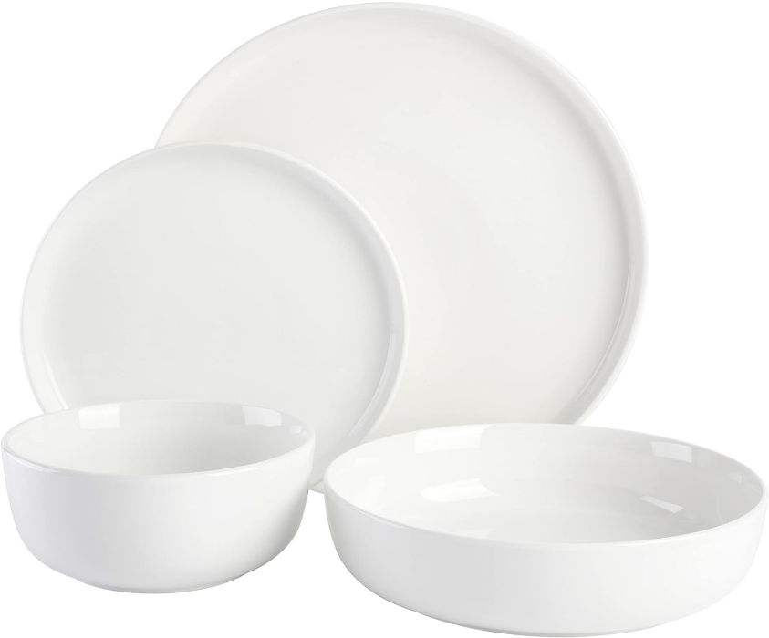 Oslo Porcelain Chip and Scratch Resistant Dinnerware Set, Service for 4 (16pcs), Plates and Bowls Dishes Sets, White