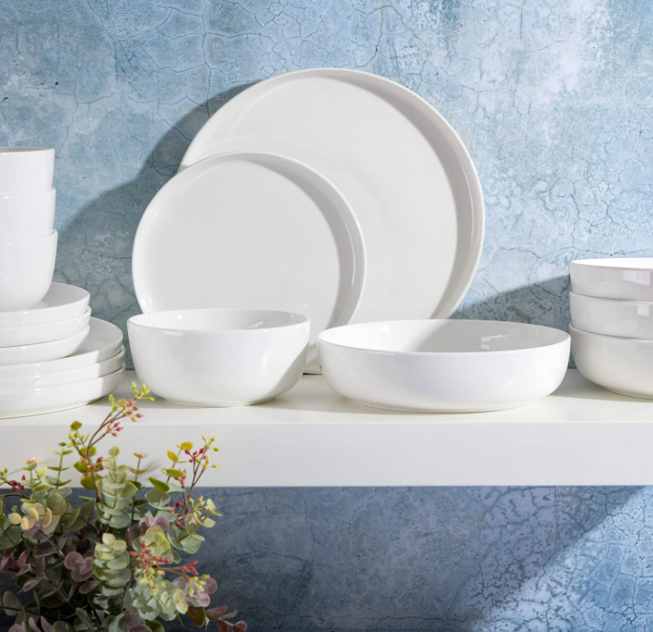 Oslo Porcelain Chip and Scratch Resistant Dinnerware Set, Service for 4 (16pcs), Plates and Bowls Dishes Sets, White