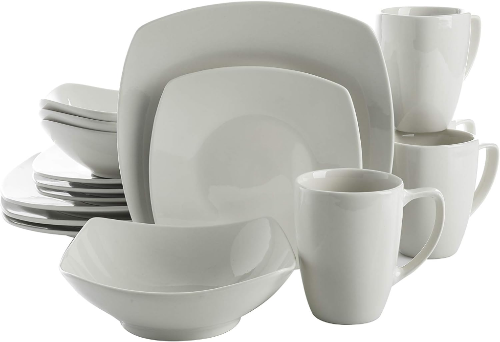 Home Zen Buffet Porcelain Chip and Scratch Resistant Dinnerware Plates, Bowls, and Mugs Set, Service for 4 (16pcs), White (Square Dishes)