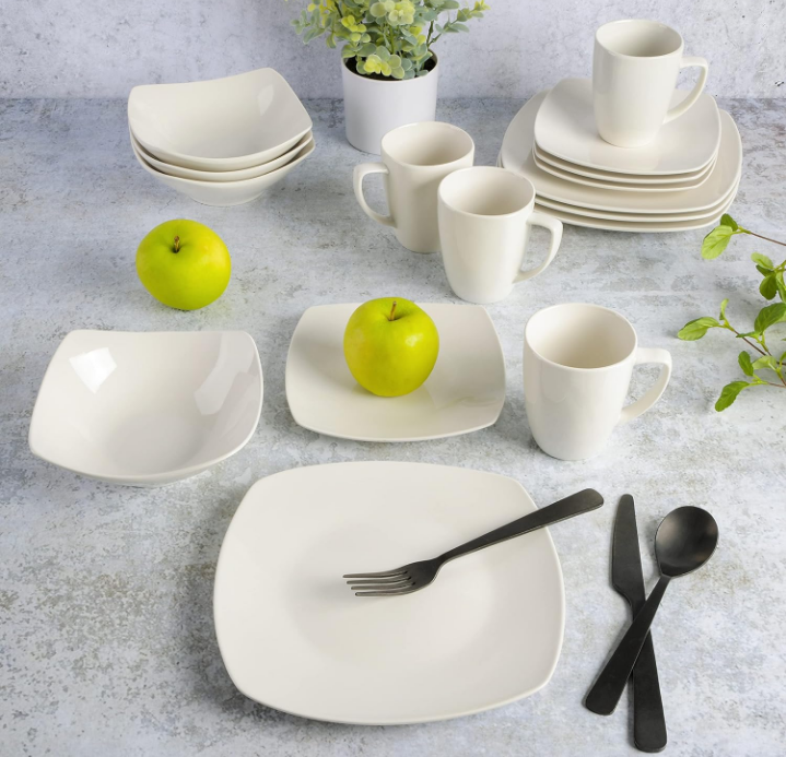Home Zen Buffet Porcelain Chip and Scratch Resistant Dinnerware Plates, Bowls, and Mugs Set, Service for 4 (16pcs), White (Square Dishes)