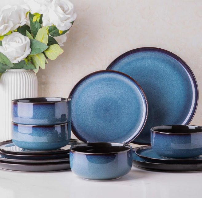 Ceramic Dinnerware Sets of 4,Porcelain Plates and Bowls Sets,Handmade Reactive Glaze Dishes Set,Chip Resistant and Scratch Resistant | Oven&Dishwasher & Microwave Safe,Service for 4-Blue