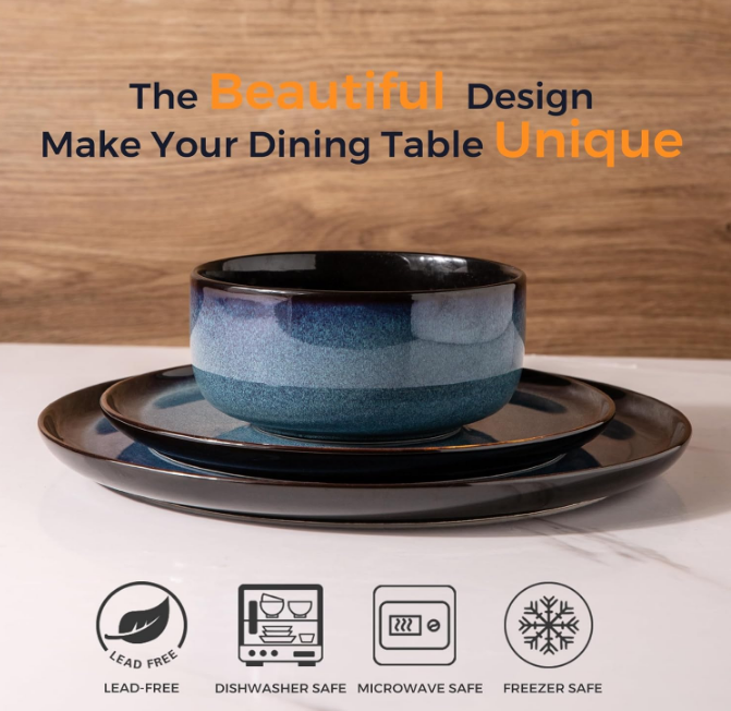 Ceramic Dinnerware Sets of 4,Porcelain Plates and Bowls Sets,Handmade Reactive Glaze Dishes Set,Chip Resistant and Scratch Resistant | Oven&Dishwasher & Microwave Safe,Service for 4-Blue