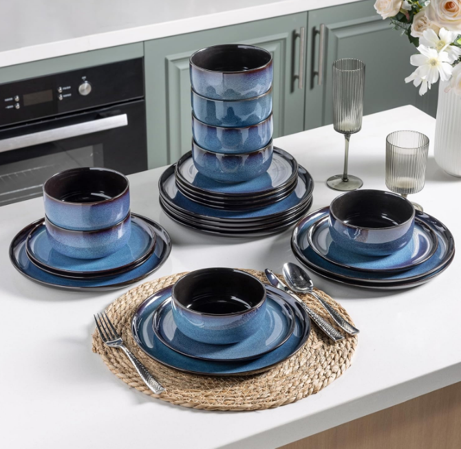 Ceramic Dinnerware Sets of 4,Porcelain Plates and Bowls Sets,Handmade Reactive Glaze Dishes Set,Chip Resistant and Scratch Resistant | Oven&Dishwasher & Microwave Safe,Service for 4-Blue