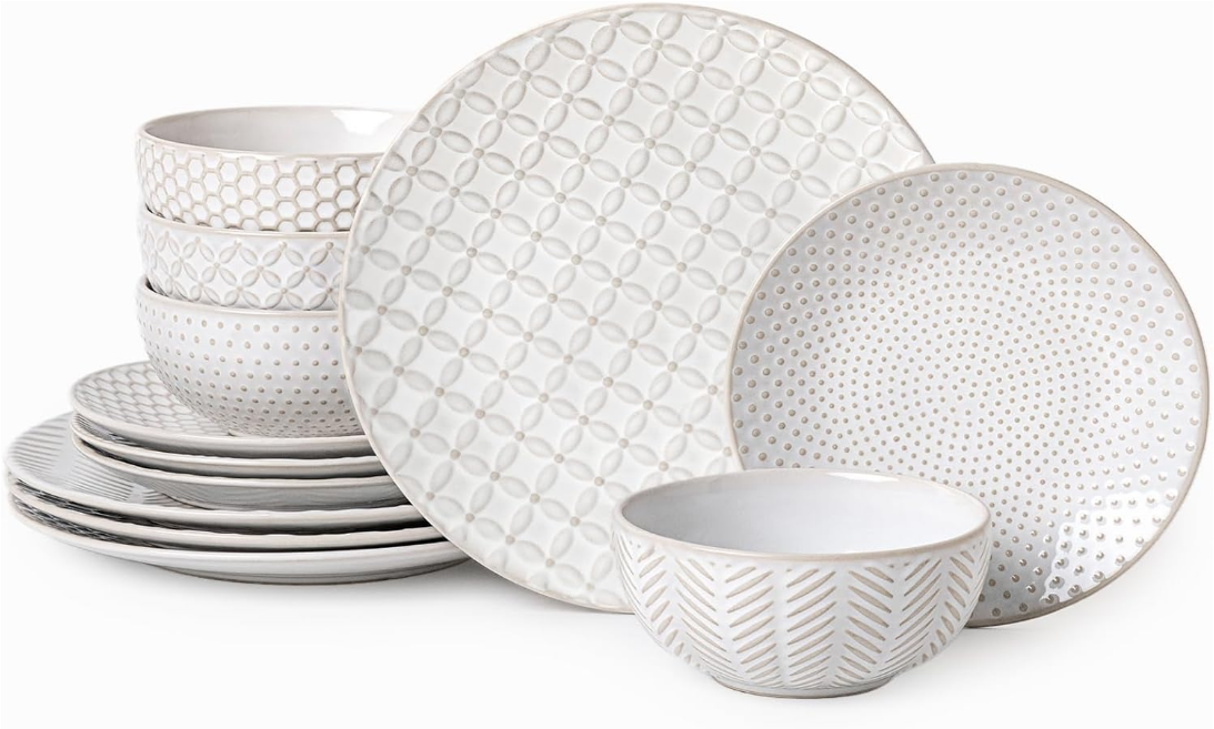 Dinnerware Sets for 4, Microwave Safe Plates and Bowls Sets, 12 Piece Lena Round Dish Set, Home Essentials Stoneware Embossment Dinnerware Set, Housewarming Gift
