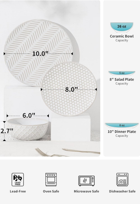 Dinnerware Sets for 4, Microwave Safe Plates and Bowls Sets, 12 Piece Lena Round Dish Set, Home Essentials Stoneware Embossment Dinnerware Set, Housewarming Gift