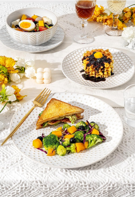 Dinnerware Sets for 4, Microwave Safe Plates and Bowls Sets, 12 Piece Lena Round Dish Set, Home Essentials Stoneware Embossment Dinnerware Set, Housewarming Gift