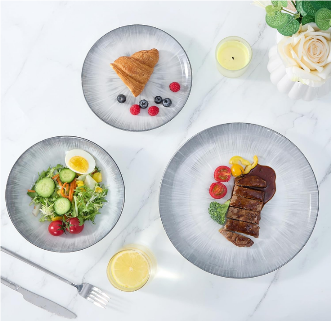12 Piece Round Kitchen Dinnerware Set,Plates and Bowls sets,Dishes, Plates, Bowls, Dish Set，Plates and Bowls,Service for 4, Chip Resistant Porcelain，Starburst Gray