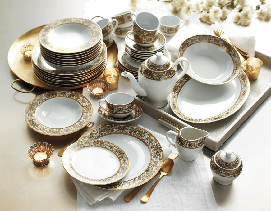 47-Piece Grand Dinnerware Set in Gold - 8-Place Setting, Glazed Porcelain, Includes Plates, Bowls, Cups, Saucers, Serving Pieces