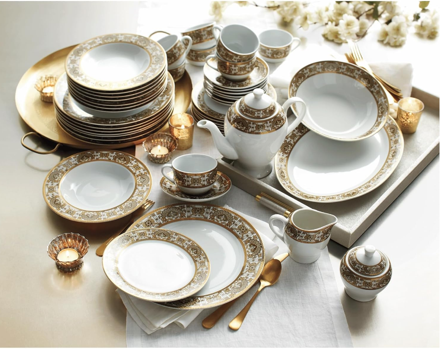 47-Piece Grand Dinnerware Set in Gold - 8-Place Setting, Glazed Porcelain, Includes Plates, Bowls, Cups, Saucers, Serving Pieces