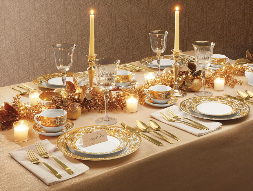 47-Piece Grand Dinnerware Set in Gold - 8-Place Setting, Glazed Porcelain, Includes Plates, Bowls, Cups, Saucers, Serving Pieces