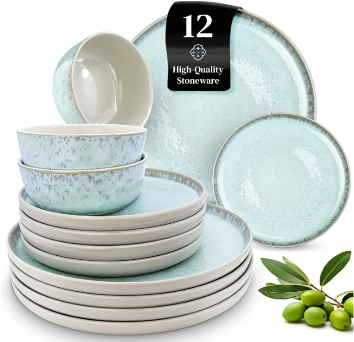 12 Piece Dinnerware Sets for 4 - Modern Style Stoneware Dinnerware Set - Scratch Resistant, Dishwasher, Microwave Safe Plates and Bowls Sets Ceramic, Bowl and Plate Set - Beige and Light Blue