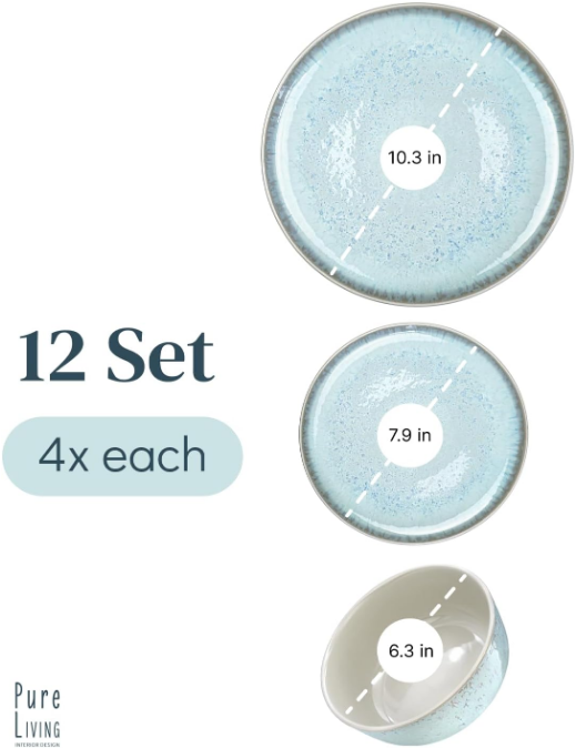 12 Piece Dinnerware Sets for 4 - Modern Style Stoneware Dinnerware Set - Scratch Resistant, Dishwasher, Microwave Safe Plates and Bowls Sets Ceramic, Bowl and Plate Set - Beige and Light Blue