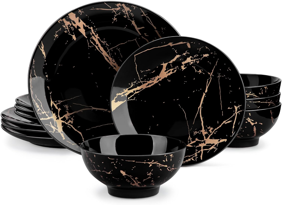 Plates and Bowls Sets for 4, 12 Pieces Porcelain Dinnerware Sets, Black and Gold Dish Set Gold Splash Dishware Sets, Dishwasher Microwave Safe