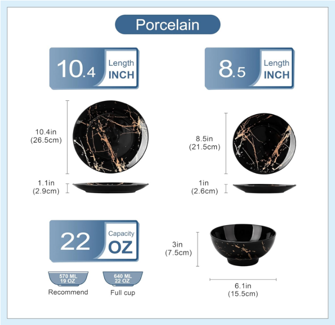 Plates and Bowls Sets for 4, 12 Pieces Porcelain Dinnerware Sets, Black and Gold Dish Set Gold Splash Dishware Sets, Dishwasher Microwave Safe