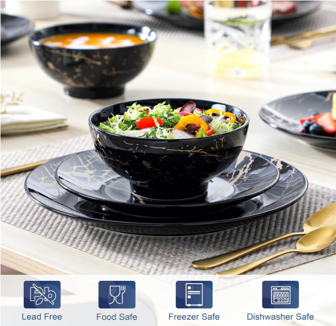 Plates and Bowls Sets for 4, 12 Pieces Porcelain Dinnerware Sets, Black and Gold Dish Set Gold Splash Dishware Sets, Dishwasher Microwave Safe