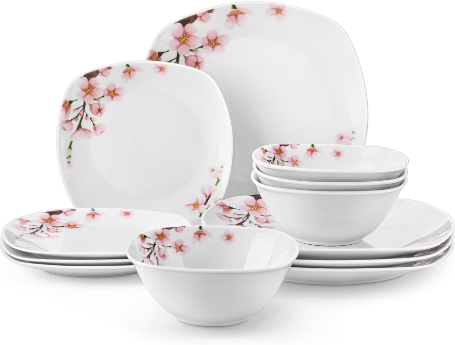 Plates and Bowls Sets for 4, Porcelain Dinnerware Sets with Pink Floral, 12 PCS Dish Set Including Dinner Plates, Dessert Plates and Cereal Bowls, Series Annie
