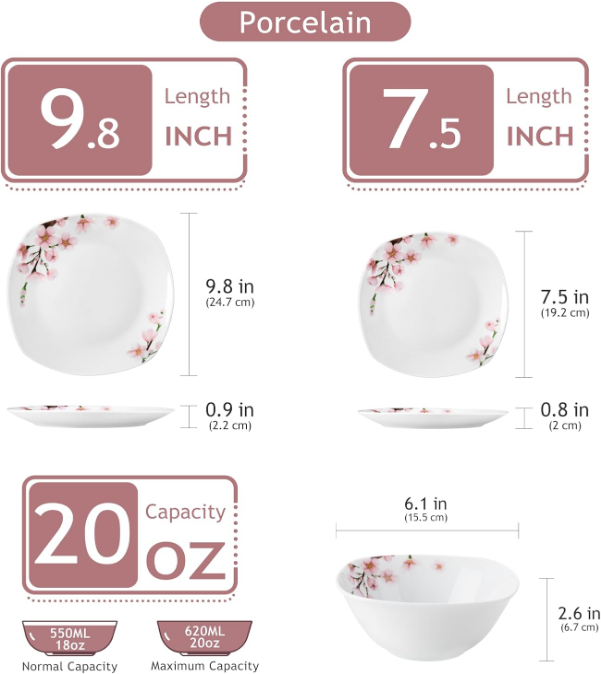 Plates and Bowls Sets for 4, Porcelain Dinnerware Sets with Pink Floral, 12 PCS Dish Set Including Dinner Plates, Dessert Plates and Cereal Bowls, Series Annie