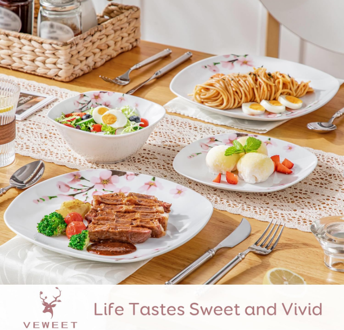 Plates and Bowls Sets for 4, Porcelain Dinnerware Sets with Pink Floral, 12 PCS Dish Set Including Dinner Plates, Dessert Plates and Cereal Bowls, Series Annie
