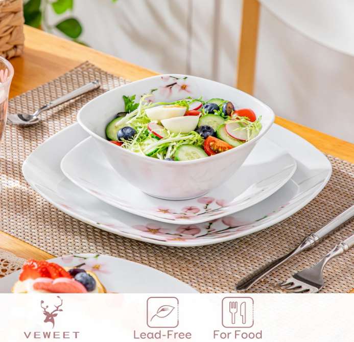 Plates and Bowls Sets for 4, Porcelain Dinnerware Sets with Pink Floral, 12 PCS Dish Set Including Dinner Plates, Dessert Plates and Cereal Bowls, Series Annie