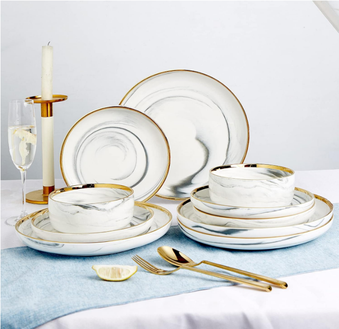 Dinnerware Sets, Marble Gold Line Plates and Bowls Sets Stoneware Dishes Set for 4, 12 Piece White Grey China Porcelain Round Dinner Dish Sets, Modern Plates Set Kitchen Decor