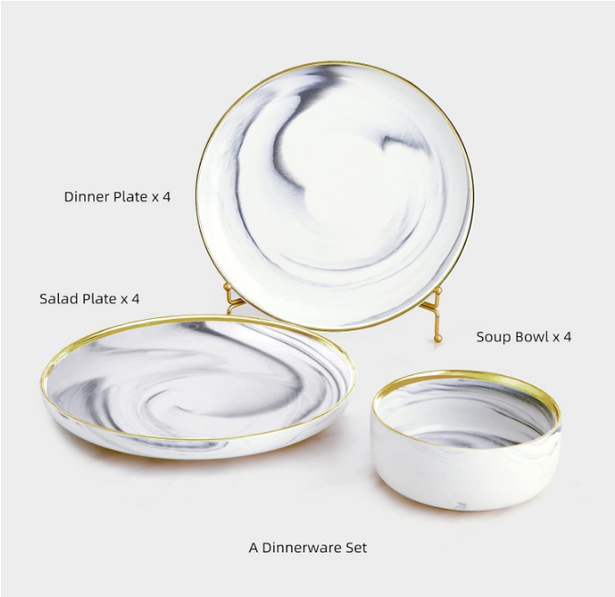 Dinnerware Sets, Marble Gold Line Plates and Bowls Sets Stoneware Dishes Set for 4, 12 Piece White Grey China Porcelain Round Dinner Dish Sets, Modern Plates Set Kitchen Decor