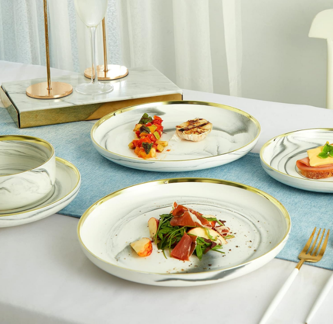 Dinnerware Sets, Marble Gold Line Plates and Bowls Sets Stoneware Dishes Set for 4, 12 Piece White Grey China Porcelain Round Dinner Dish Sets, Modern Plates Set Kitchen Decor