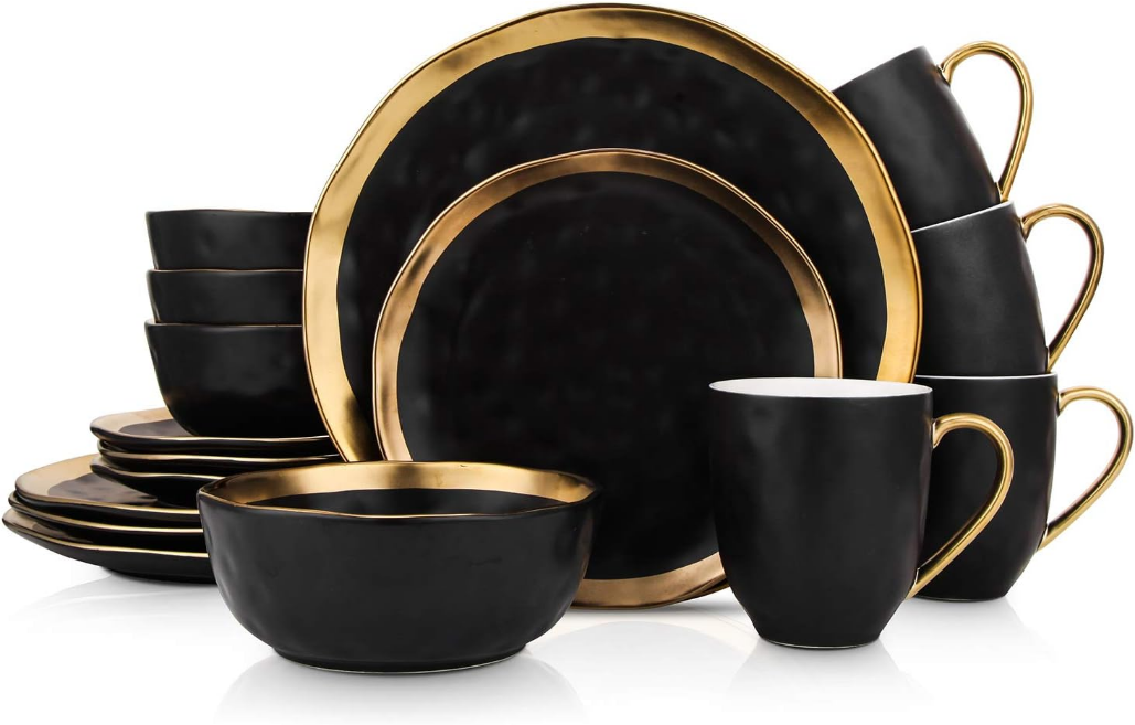 Modern Poreclain 16 Piece Dinnerware Set, Plates and Bowls Set, Dish set for 4, Black And Golden Rim