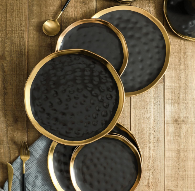 Modern Poreclain 16 Piece Dinnerware Set, Plates and Bowls Set, Dish set for 4, Black And Golden Rim