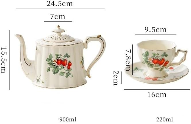 British Style Porcelain Tea Set, Ceramic Strawberry Pattern Tea Pot, Cups, and Saucers Present Set, 900ml Teapot, 220ml Cups, Ideal for Afternoon Tea, Weddings
