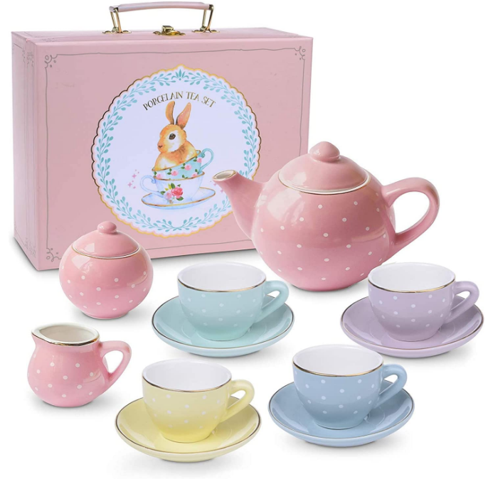 Tea Set for Little Girls 13 pcs Porcelain Tea Set for Kids Tea Time Includes Teapot , 4 Tea Cup and Saucers , Creamer and Sugar Bowl , Pastel Tea Party Set with Gold Polka Dots