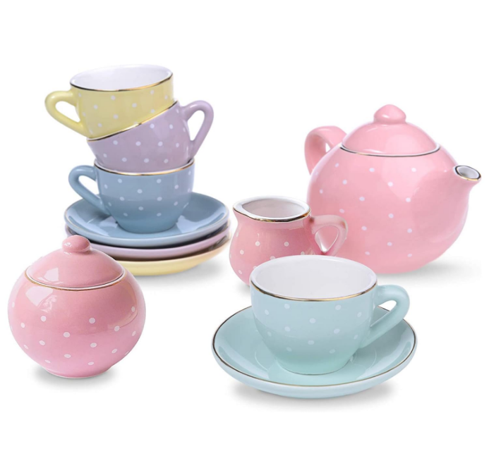 Tea Set for Little Girls 13 pcs Porcelain Tea Set for Kids Tea Time Includes Teapot , 4 Tea Cup and Saucers , Creamer and Sugar Bowl , Pastel Tea Party Set with Gold Polka Dots