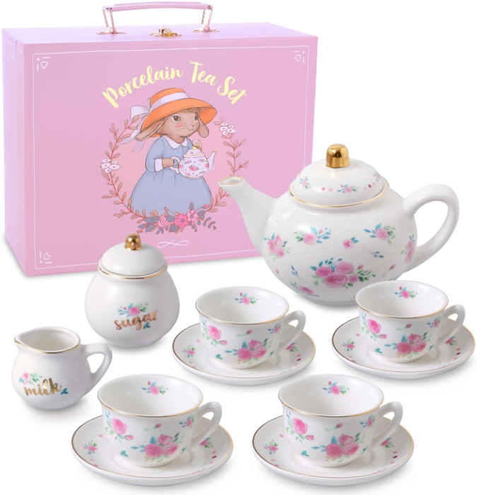 Tea Set for Girls - White & Floral Tea Party Set for Kids I Complete Children Tea Sets with Carry Case, Teapot, Cups and More, Birthday Gift for Little Girls & Toddlers