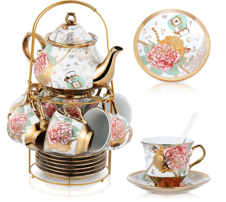 20 Pcs Porcelain Tea Set with Metal Holder Adult Ceramic Tea Party Set European Flower Tea Cup Saucer Set for Adult Women with Flower Painting, Large Version(Bright Style)