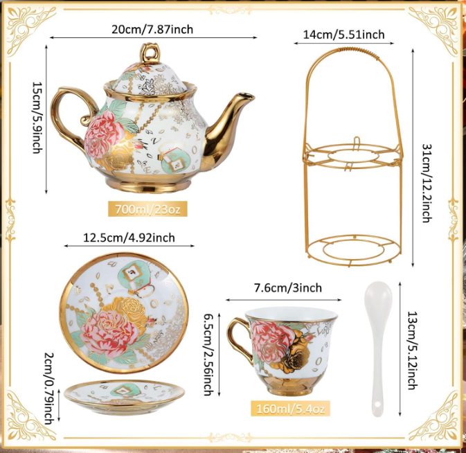 20 Pcs Porcelain Tea Set with Metal Holder Adult Ceramic Tea Party Set European Flower Tea Cup Saucer Set for Adult Women with Flower Painting, Large Version(Bright Style)
