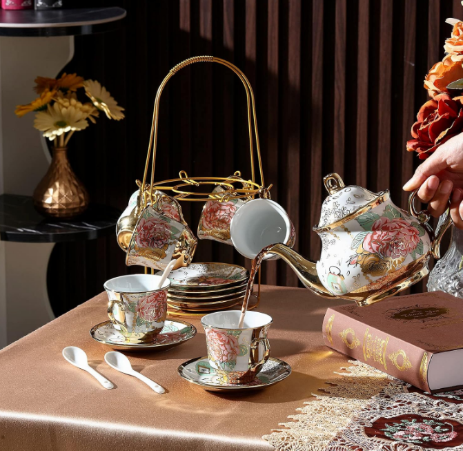 20 Pcs Porcelain Tea Set with Metal Holder Adult Ceramic Tea Party Set European Flower Tea Cup Saucer Set for Adult Women with Flower Painting, Large Version(Bright Style)