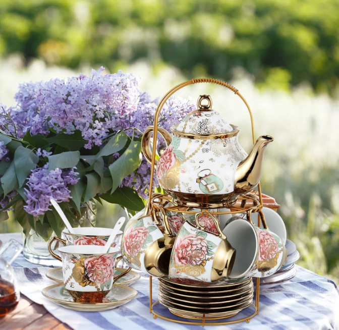 20 Pcs Porcelain Tea Set with Metal Holder Adult Ceramic Tea Party Set European Flower Tea Cup Saucer Set for Adult Women with Flower Painting, Large Version(Bright Style)