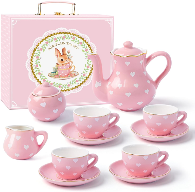 Tea Party Set for Little Girls Kids Toddlers, 13Pcs Pink Heart Ceramic Tea Set - Tea Pot Cups & Saucers & Carrying Case,Pretend Play Toys Kitchen Set - Christmas Birthday Gift for Girls