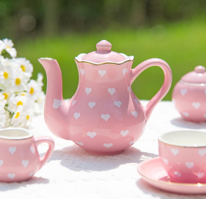 Tea Party Set for Little Girls Kids Toddlers, 13Pcs Pink Heart Ceramic Tea Set - Tea Pot Cups & Saucers & Carrying Case,Pretend Play Toys Kitchen Set - Christmas Birthday Gift for Girls