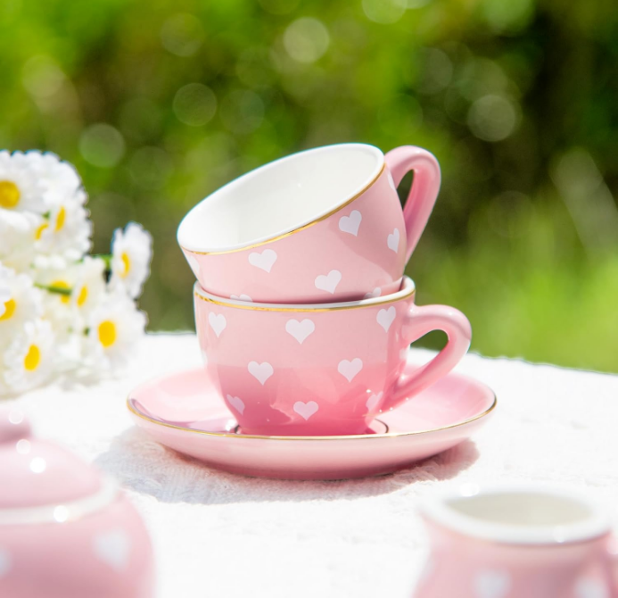 Tea Party Set for Little Girls Kids Toddlers, 13Pcs Pink Heart Ceramic Tea Set - Tea Pot Cups & Saucers & Carrying Case,Pretend Play Toys Kitchen Set - Christmas Birthday Gift for Girls