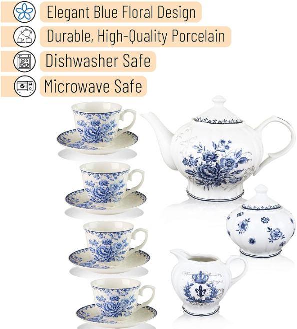 BTaT- Blue Dream Tea Set, Tea cups (8oz), Tea Pot (48oz), Creamer and Sugar Set, Gift box, China Tea Set, Tea Service, Tea Cups and Saucer Set, Tea Set for Adults, Porcelain Tea Set