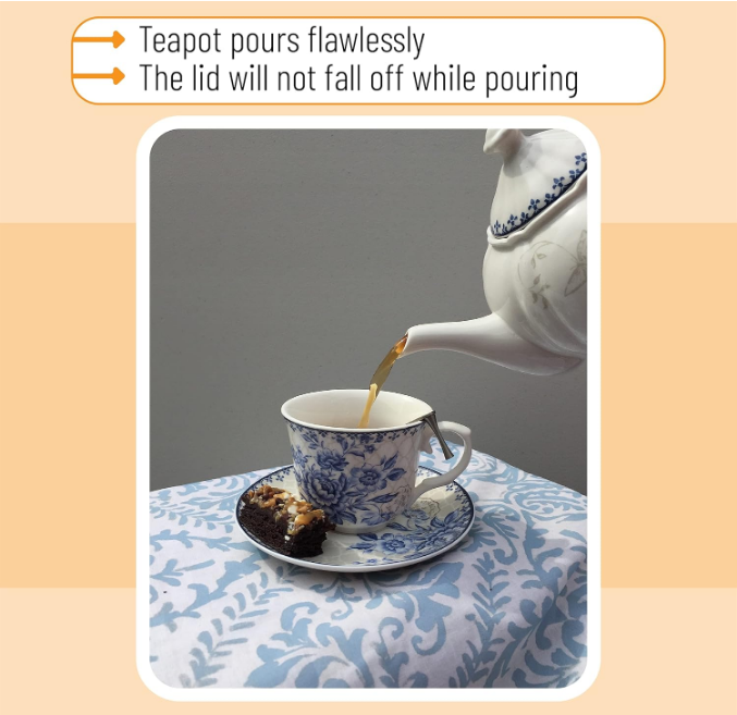 BTaT- Blue Dream Tea Set, Tea cups (8oz), Tea Pot (48oz), Creamer and Sugar Set, Gift box, China Tea Set, Tea Service, Tea Cups and Saucer Set, Tea Set for Adults, Porcelain Tea Set