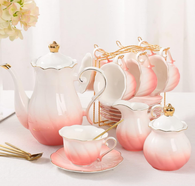 22 pcs Porcelain Tea Set for 6, Luxury British Style Tea/Coffee Cup Set with Golden Trim, Beautiful Tea Set for Women, Tea Party Set, Gift Package (With a Stand) - Gradient Pink